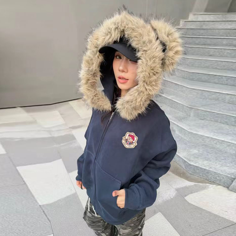 Замшевый кардиган с меховым воротником и медвежьими ушками, новинка 2025 года, осенне-зимний хлопковый повседневный свитер с капюшоном для женщин