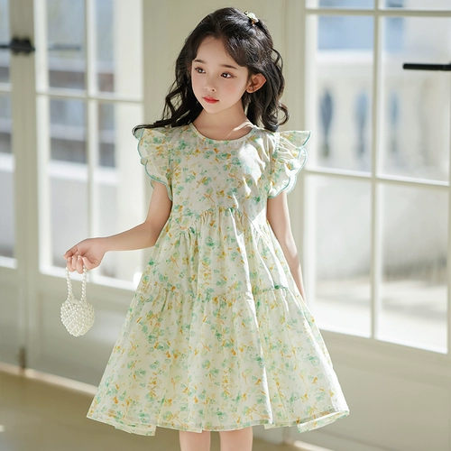 Летняя одежда, платье, зеленая юбка на девочку, наряд маленькой принцессы, в цветочек