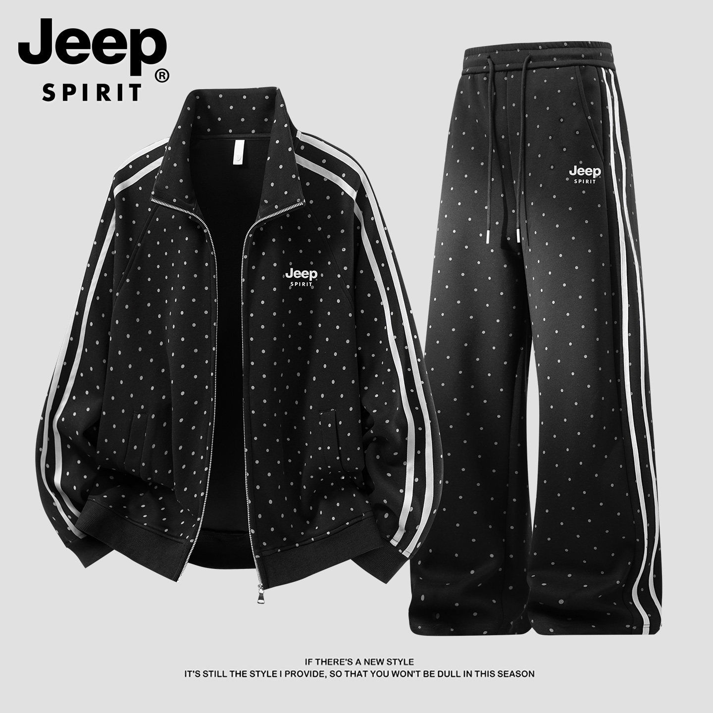 Jeeppo menunjukkan jaket rekreasi pasangan 2026 tahun baru untuk celana olahraga.