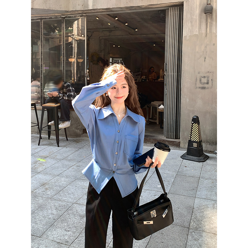 Homemade cut cake, petite women's autumn blue fitted shirt, chic and ethereal long-sleeved new style.