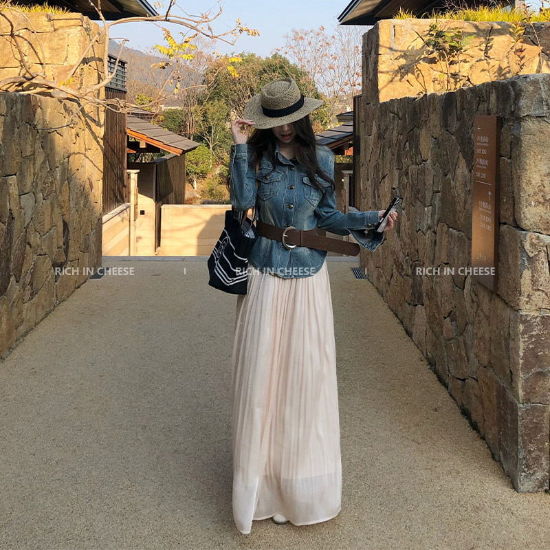 Shu Hulei Denim Sunlight Shoulder-Defining Waist-Fitting Shirt, Denim Jacket, Elastic Waist, Flowing Long Skirt Two-Piece Set