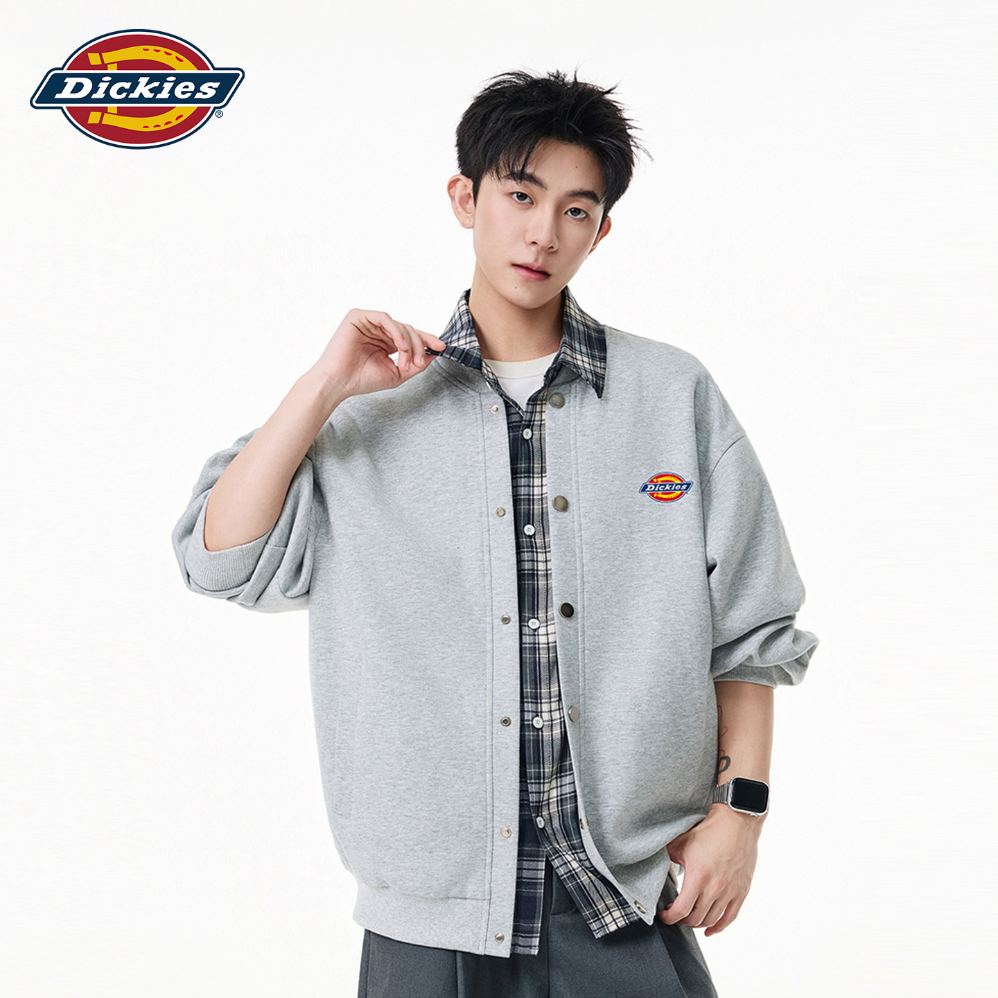 Dickies美式假两件格纹拼色开衫卫衣男秋季潮牌宽松休闲翻领外套