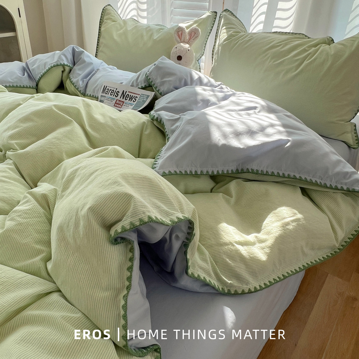 Комплект из четырех предметов EROS homemade-tide green в полоску из 100 хлопка в домашнем стиле с краями из выстиранного хлопка и пододеяльника из чистого хлопка для общежития