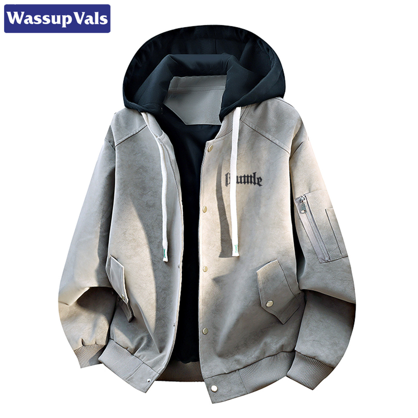 Куртка с капюшоном в повседневном стиле WASSUP VALS, мужская поддельная весенняя куртка из двух частей с буквенным принтом большого размера из искусственной кожи