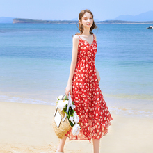 Internet celebrity high-end red floral suspender beach dress fairy summer bohemian