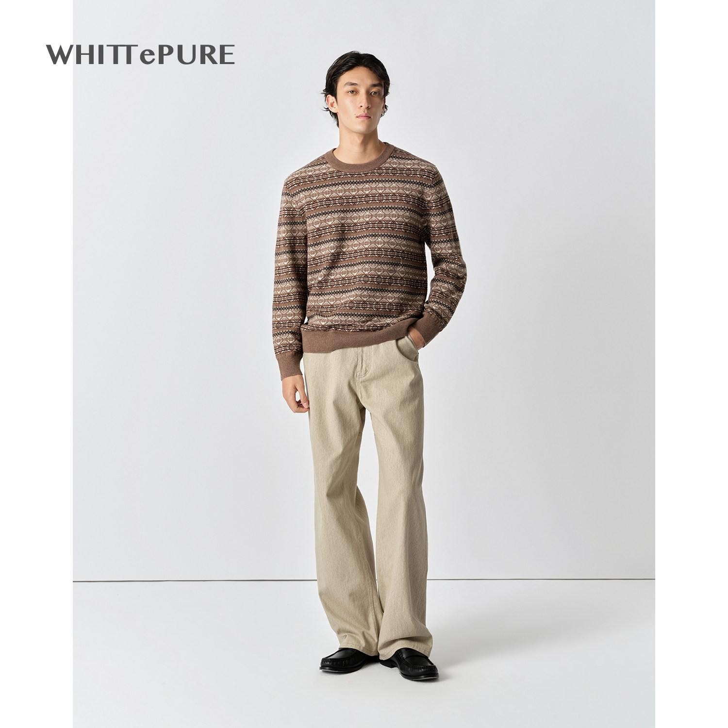 【БЕЛЫЙ цвет】Полностью шерстяной свитер WP Shirakawa с высокой поддержкой Fair Isle, мужской свитер с круглым вырезом