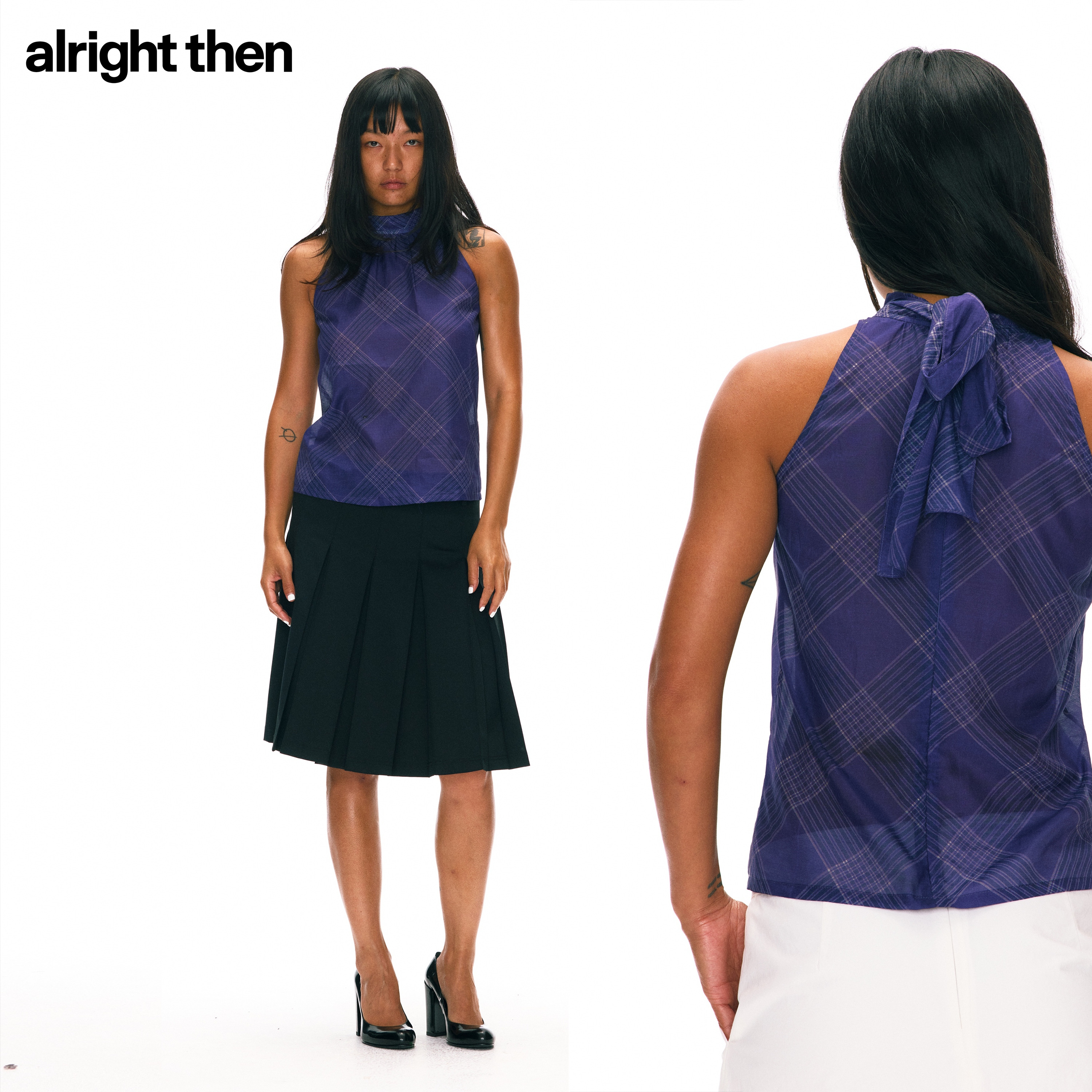 alright then blue purple plaid stand collar folding streamer sleeveless shirt