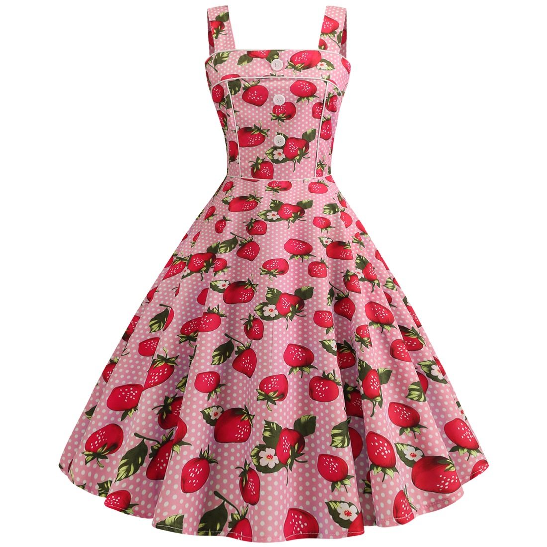Cross-border foreign trade retro European and American women's summer sweet suspender square neck strawberry print maxi dress 3180