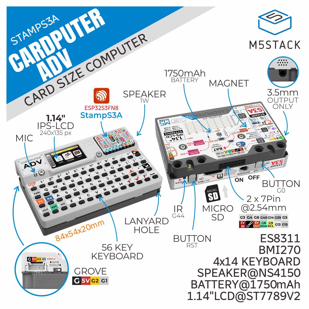 Official M5Stack Cardputer Adv Card Computer 56 Key Programmable Development Board Stamp-S3A