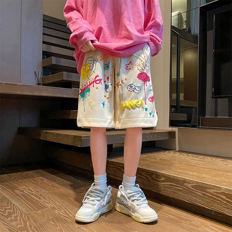 Американские шорты мужские летние 2025 повседневные спортивные брюки с принтом граффити из пенопласта, свободные брюки с пятью точками