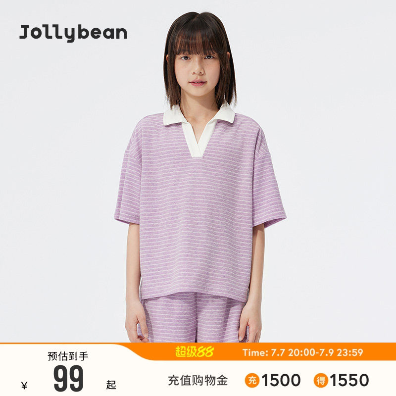 jollybean | комплект из махровой ткани для девочек 26 лет, летняя свободная дышащая рубашка-поло в полоску, топ с короткими рукавами