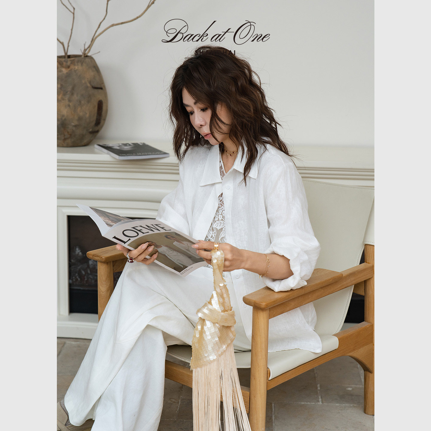 BACKATONE "Forest-Inspired Mini Fridge" Casual Loose-Fitting Lightweight Linen Shirt with Collar and Long Sleeves for Women