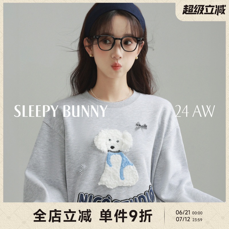 Свитер с вышитыми буквами Sleepy rabbit patch puppy, женский осенний повседневный свободный пуловер с открытыми плечами и круглым вырезом, уменьшающий возраст
