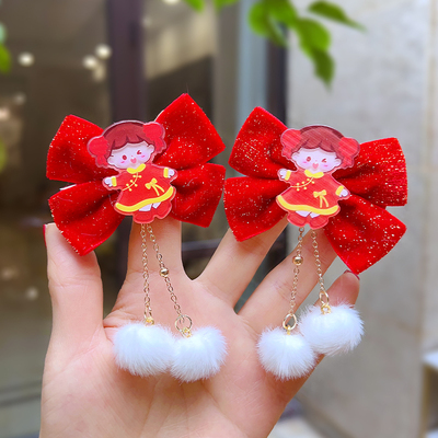 taobao agent 古风儿童发夹红色蝴蝶结毛球发饰中国风小女孩汉服流苏头饰发卡