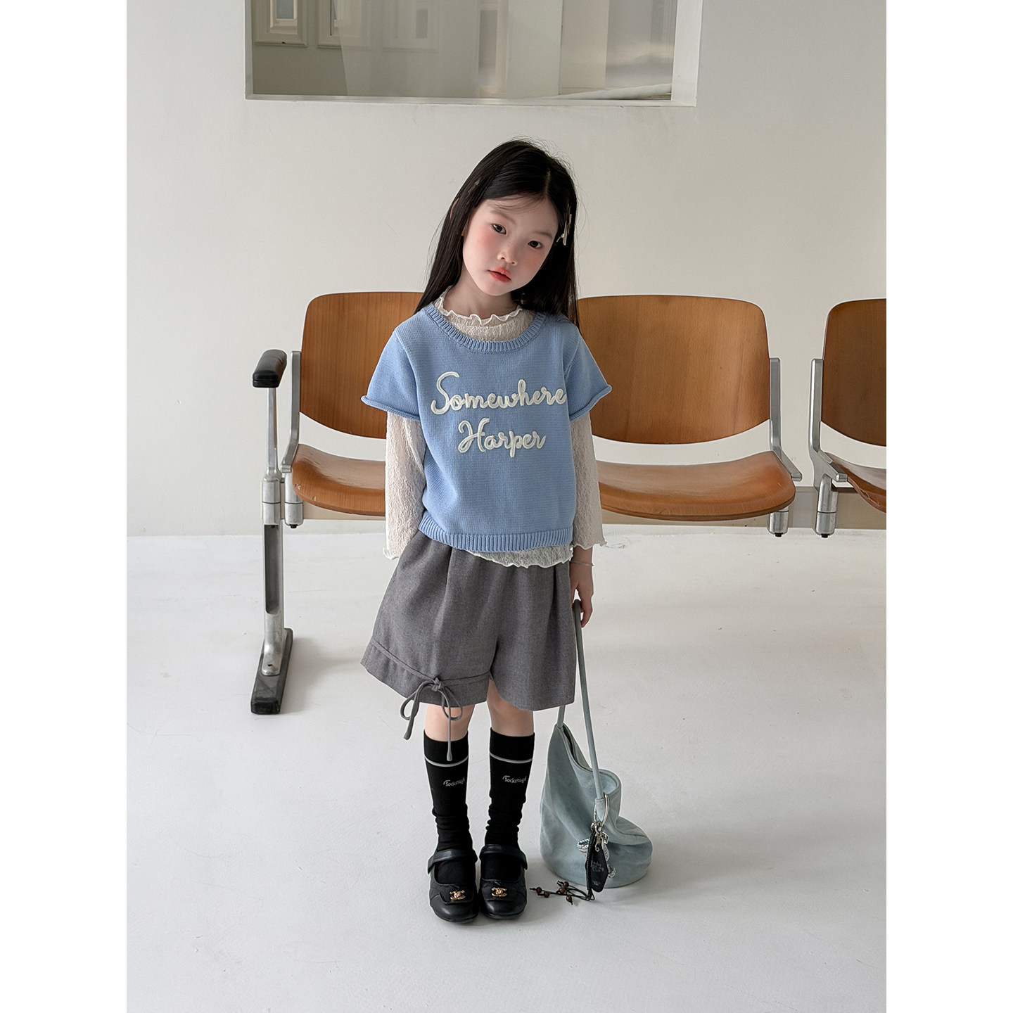 Harper kids/ детская одежда, осенний костюм для девочек в корейском стиле, кружевная вязаная блузка с длинными рукавами, осенняя футболка с короткими рукавами