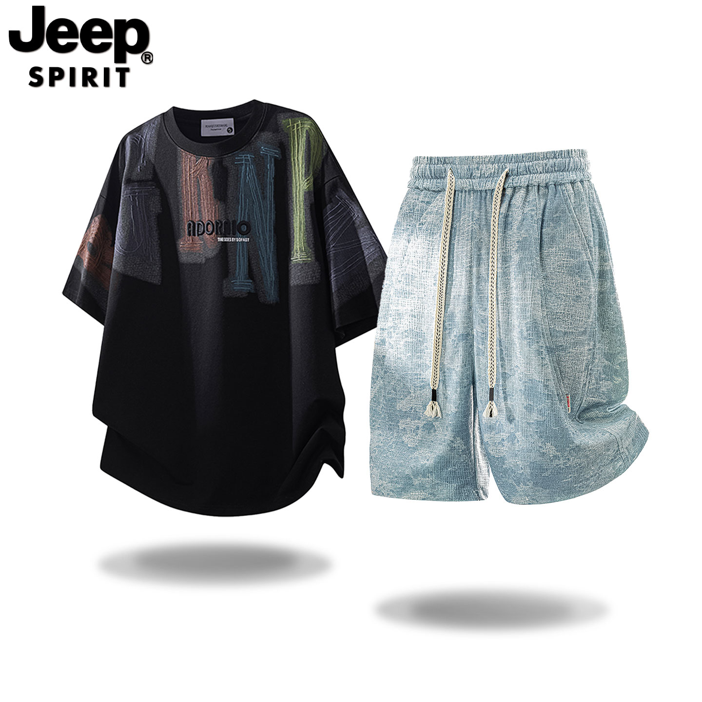 Бренд JEEP Jeep tide в американском ретро-стиле, летняя футболка с короткими рукавами, мужской свободный повседневный спортивный костюм-двойка