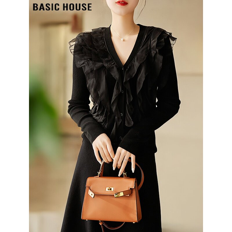 Женский весенний шерстяной свитер Basic House/Baijia good из сетчатой ткани с оборками и французским топом с V-образным вырезом