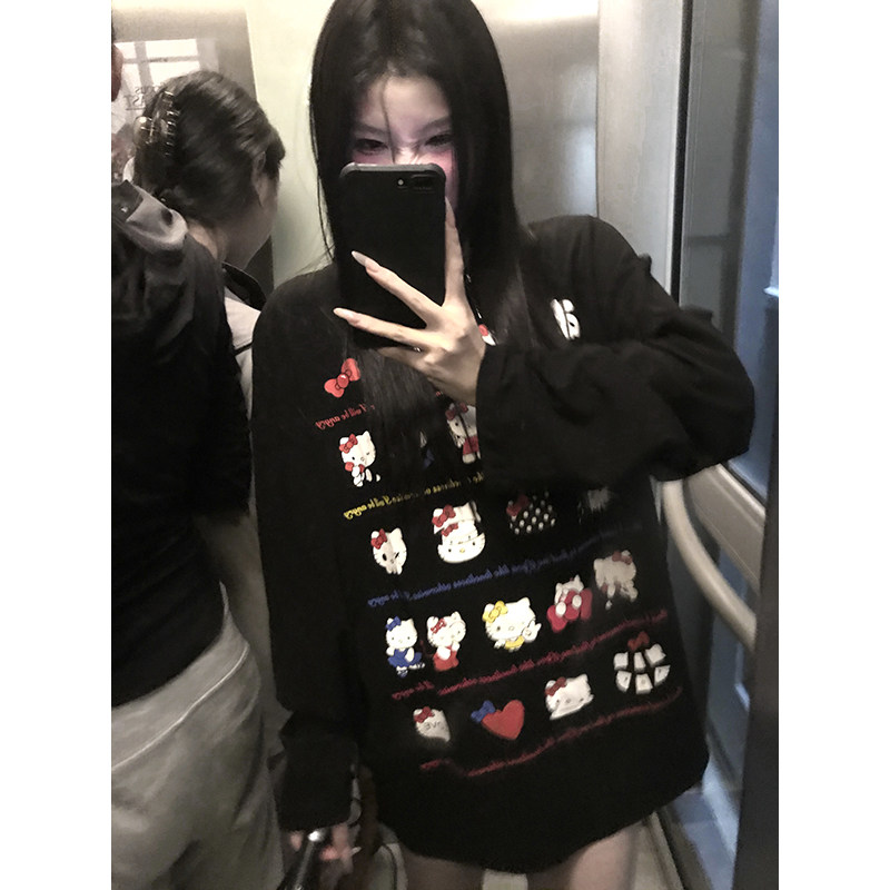 FuunJ Fangji dark kt girl, ленивый черный свитер большого размера с принтом kt, футболка, женский свободный топ с круглым вырезом