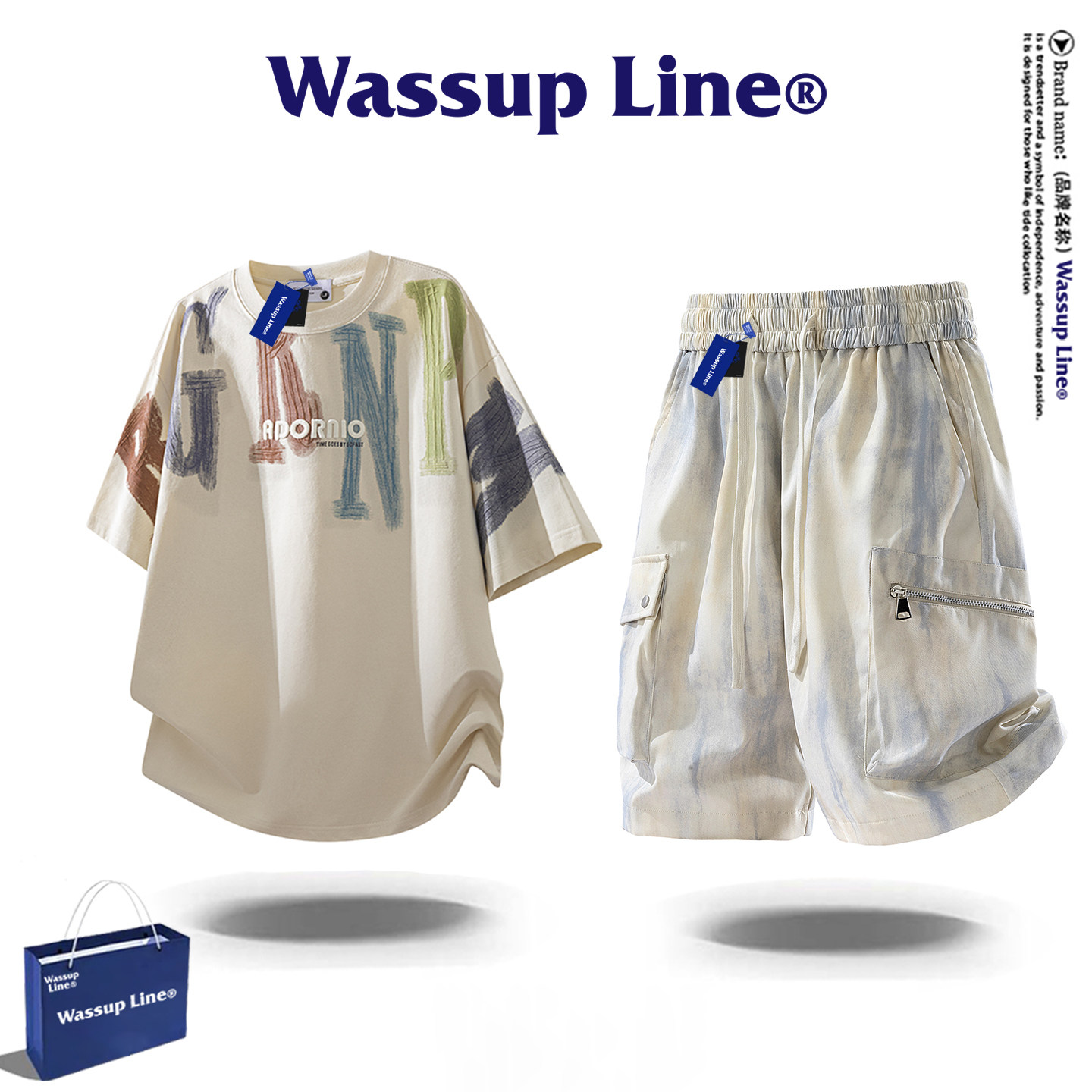 Брендовый спортивный костюм WASSUP Line tide, мужская повседневная футболка в американском стиле с короткими рукавами, летние спортивные шорты, костюм-двойка