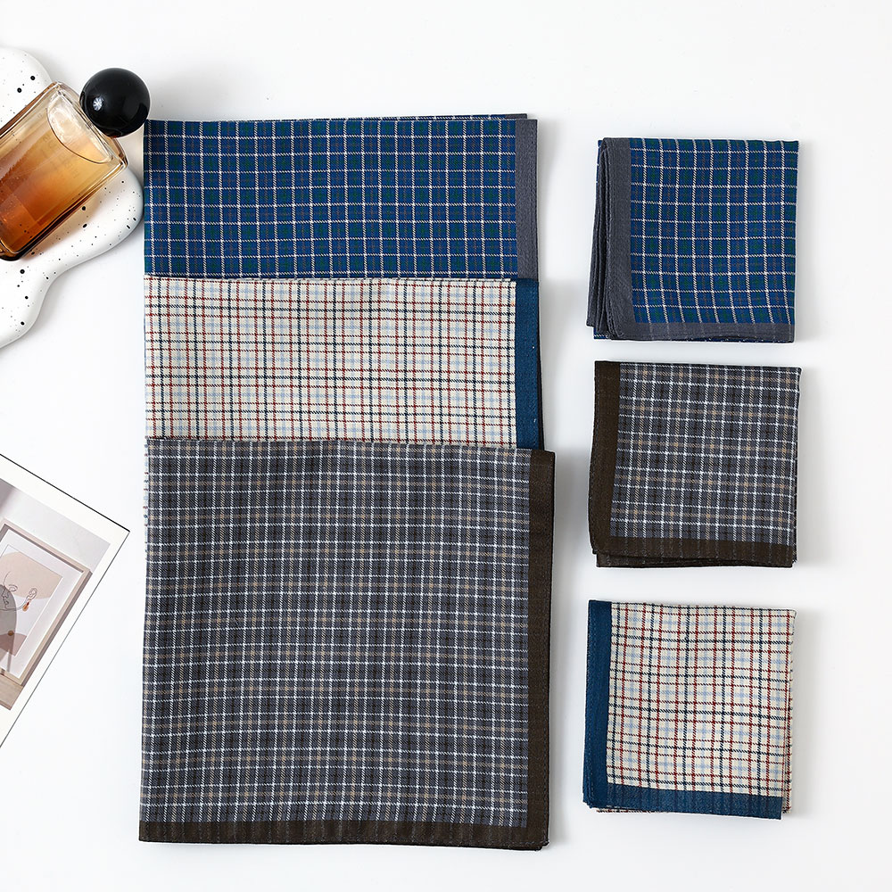 43cm Men's Pure Cotton Yarn-Woven Handkerchief, Vintage Style, All-Cotton Plaid Handkerchief, Lightweight, Soft, and Comfortable Handkerchief/Square Handkerchief