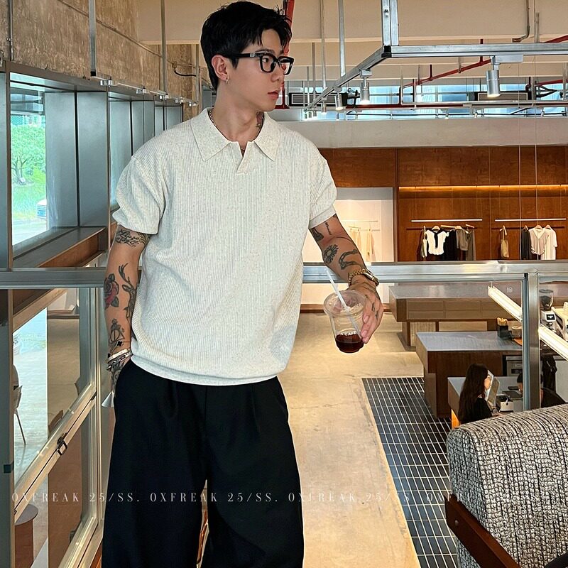 Мужская плиссированная трикотажная рубашка поло OXFREAK "Old Money Style Tencel Linen" с воротником "чайка", мужская футболка с лацканами и короткими рукавами
