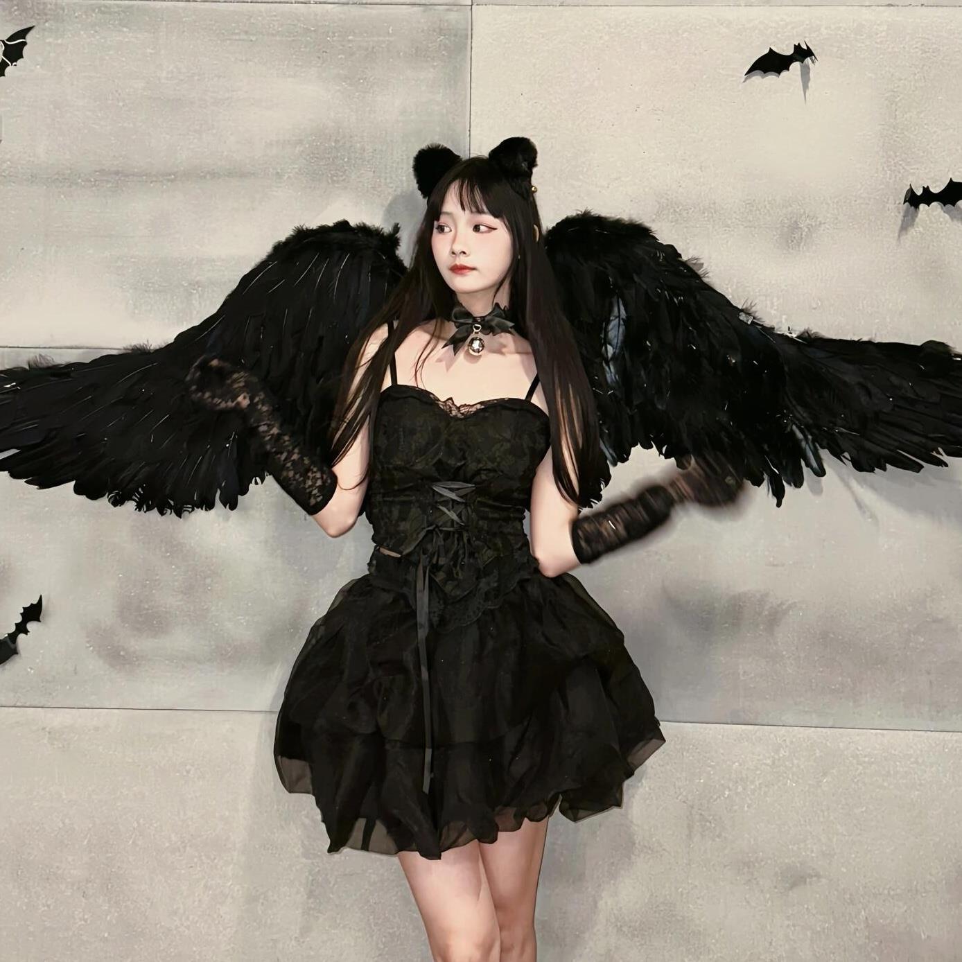 Dark and sexy! Halloween cosplay costume, black and white angel, demon, ghost, adult women's accessories, gothic dress, y2k