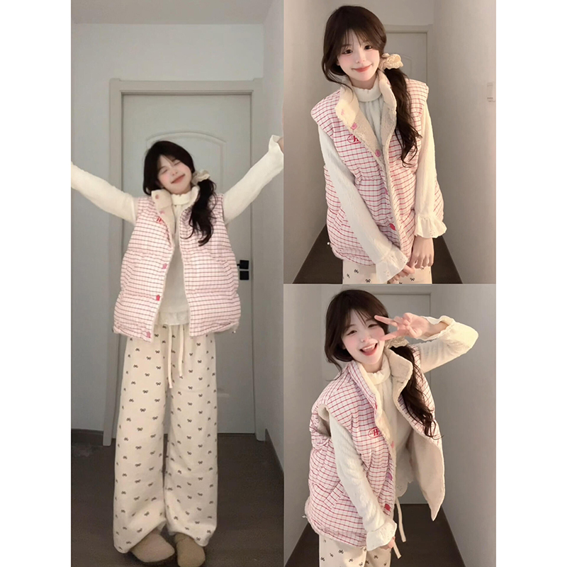 Розовый клетчатый жилет из овечьей шерсти, куртка с хлопковой подкладкой с обеих сторон, женская новинка 2025 года, короткая куртка на подкладке, стеганая куртка, красивая куртка