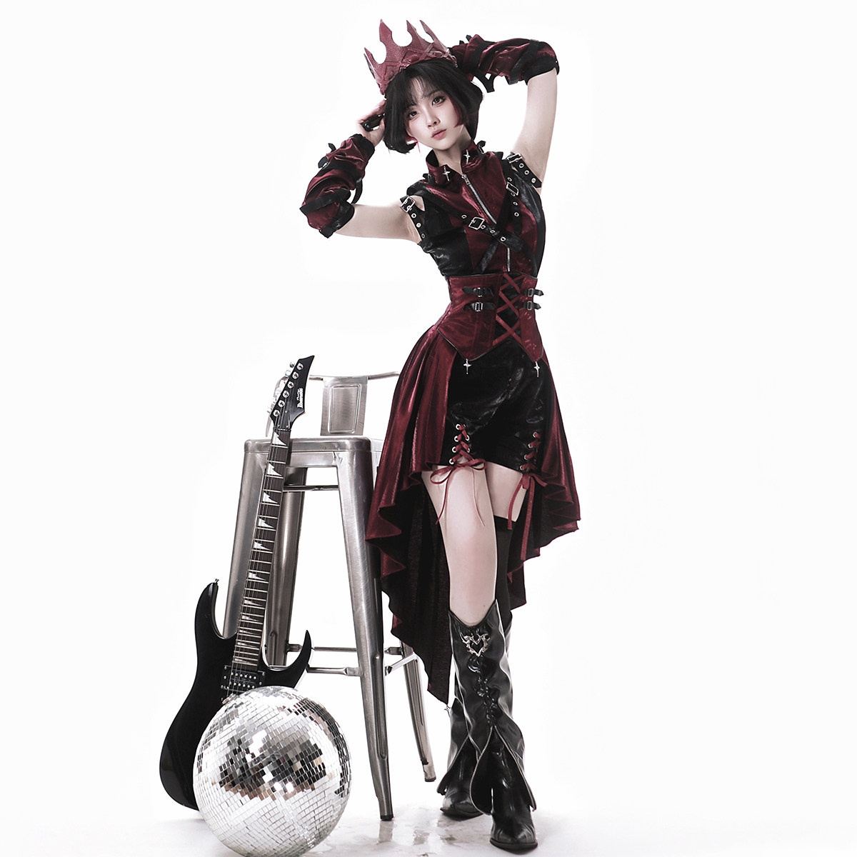 Moonlight Bear Chief Assassin Lolita Black and Red Subculture Daily Gothic Style Top and Overalls Cosplay Set Summer