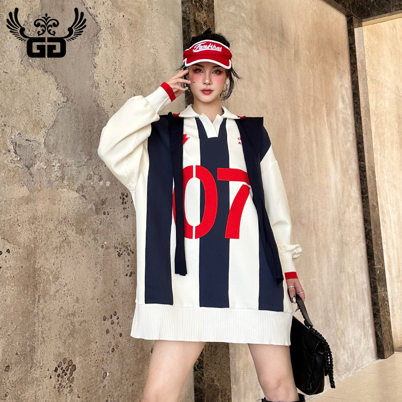 GG trendy American sports style POLO neck sweatshirt for women in autumn niche loose contrast printed jersey oversize