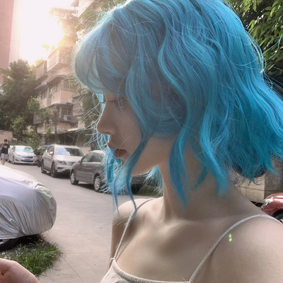 taobao agent 小鱼苗蓝色假发女短发夏日海滩lolita卷刘海网红jk全头套短卷发