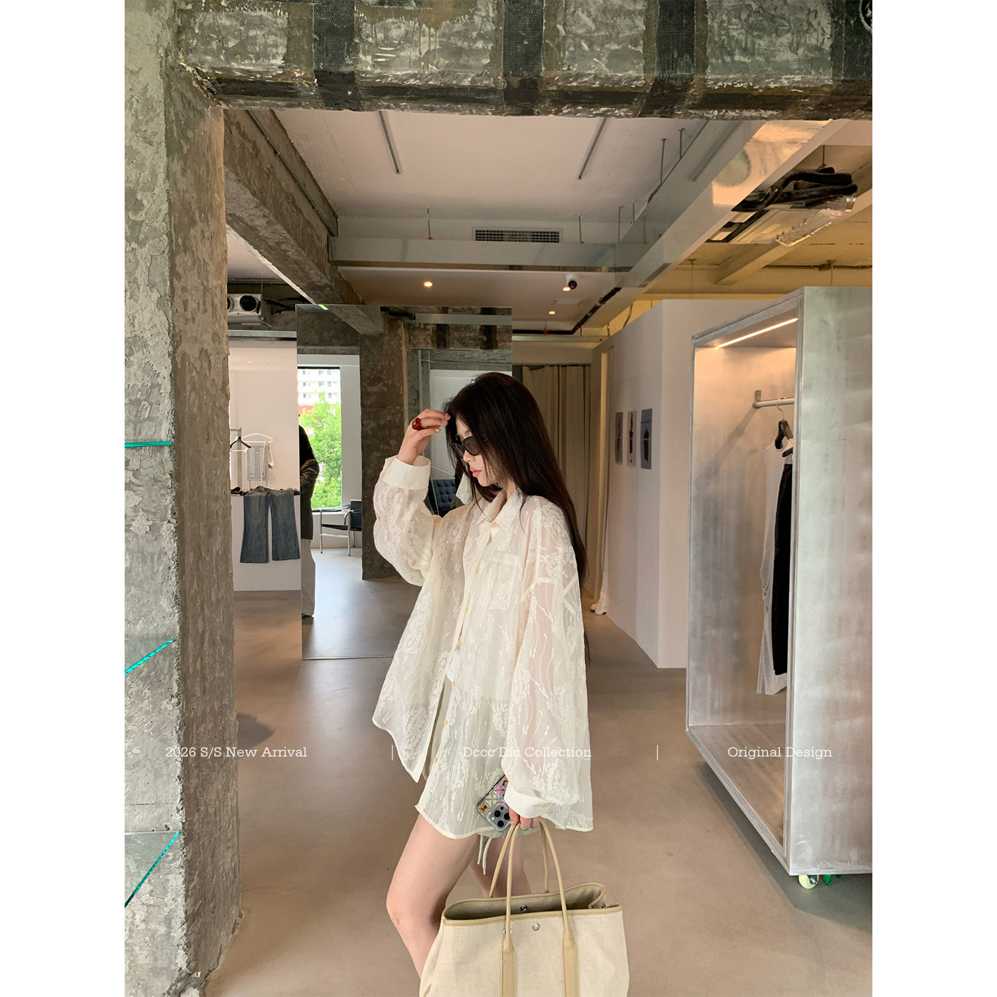 Dcccdic Chen Diandian "Peninsula White Tea" Heavy Embroidered Lace Shirt, Early Autumn Loose-fitting Slightly Sheer Jacket Top