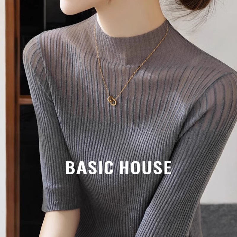 Basic House/свитер-водолазка Baijia Good Half с пятиточечным рукавом и высоким воротом, новинка лета 2026, женская рубашка с сетчатым низом