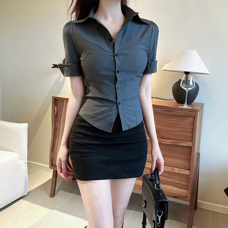 Grey short-sleeved fitted shirt and pencil skirt, JK sexy work uniform, secretary uniform, flight attendant, receptionist professional suit for women.