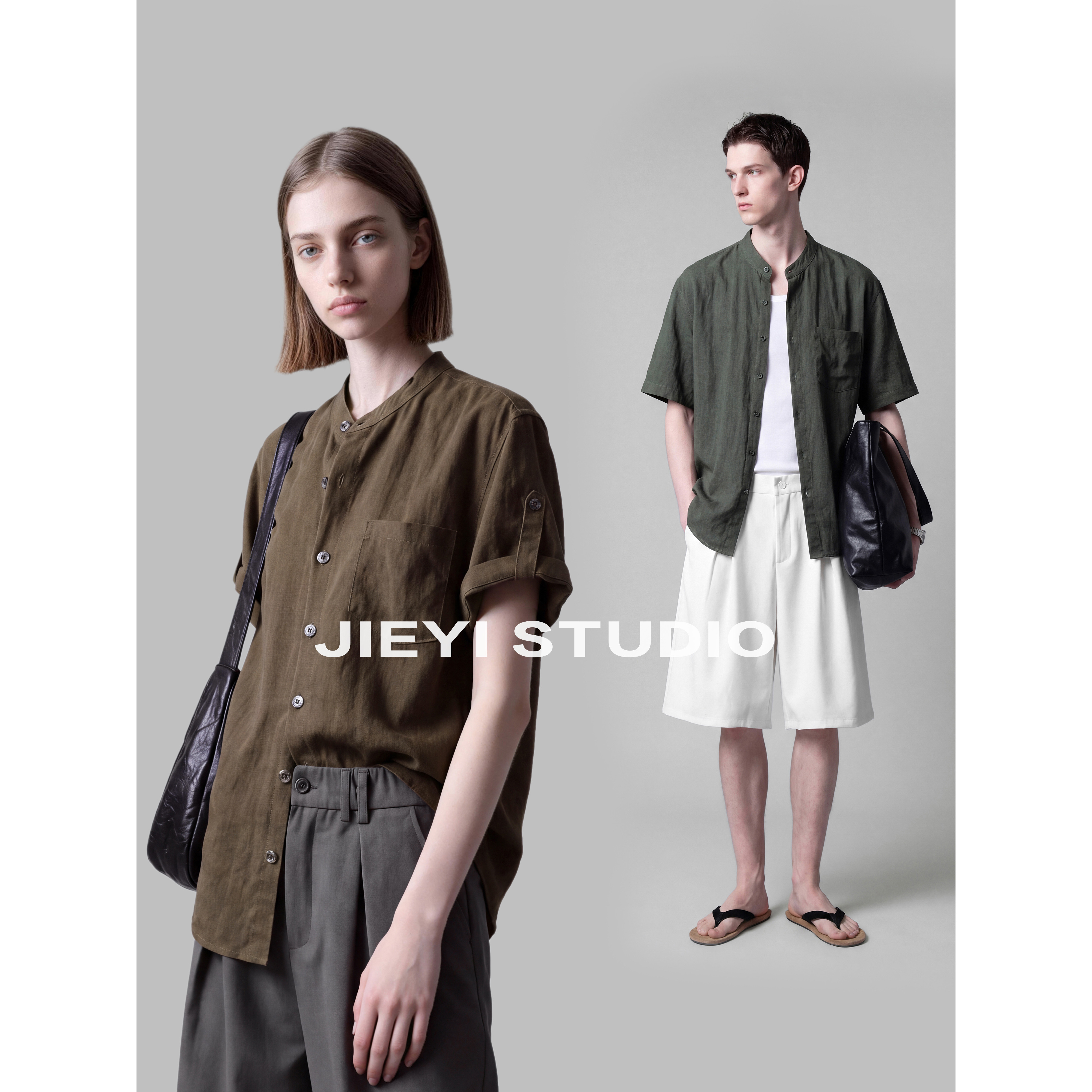 JIEYI Salt-textured, breathable, mid-collar shirt, Tencel, Lyocell, and linen blend, adjustable three-quarter sleeves for men.