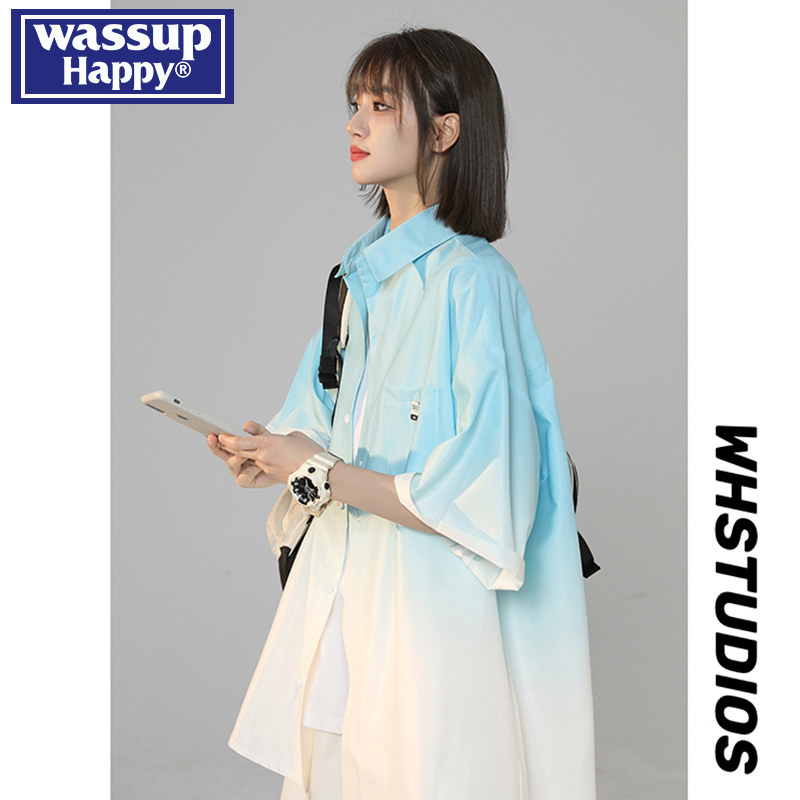 Wassup Happy Gradient Short-Sleeve Shirt for Men, Summer Thin High-End Trendy Loose Casual Shirt Jacket