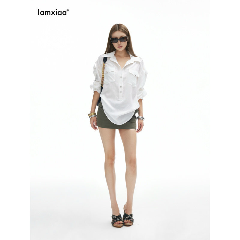 iamxiaa* Tencel linen breathable and comfortable adjustable sleeve tabs, back waist tie, and handmade metal buttons OS shirt