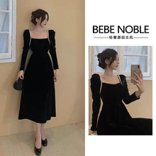 BEBE NOBLE Light Luxury Autumn/Winter French Luxury Evening Dress Hepburn Style Little Black Dress Gold Velvet Dress for Women