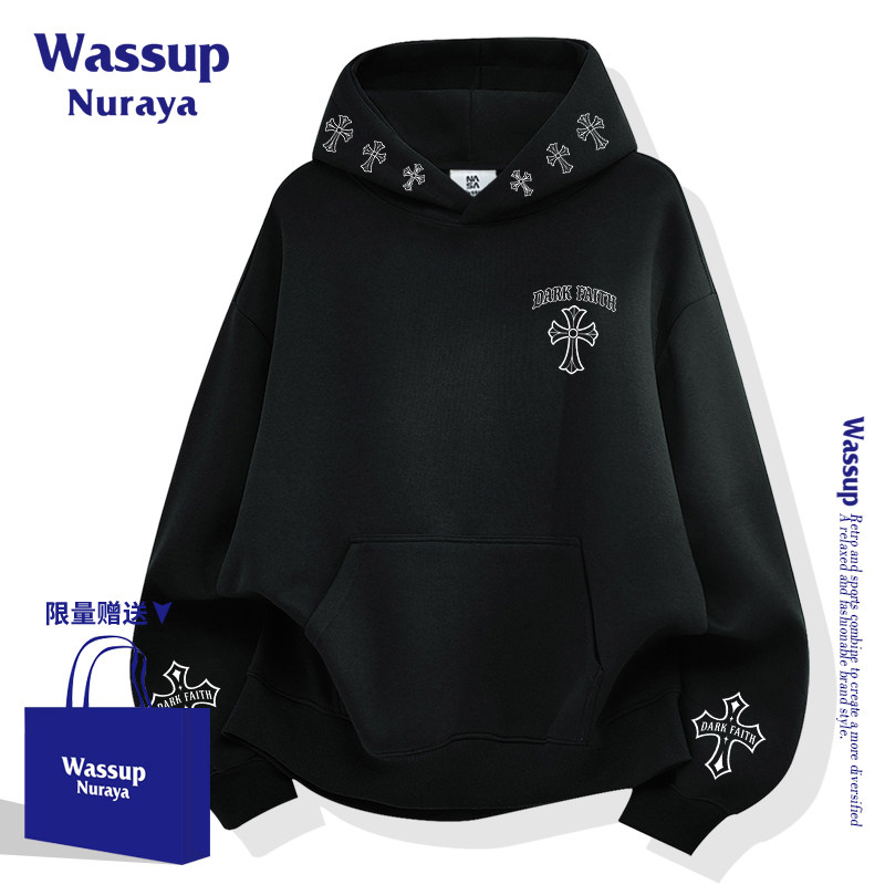 Американский черный свитер с капюшоном WASSUPNURAYA, весенне-осенний свободный повседневный топ-толстовка с капюшоном для мужчин и женщин