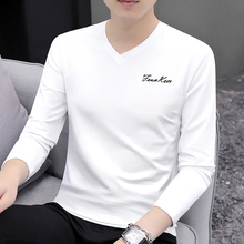 Pure cotton long sleeved T-shirt for men's 2024 new autumn slimming and fashionable casual white base shirt paired with V-neck top