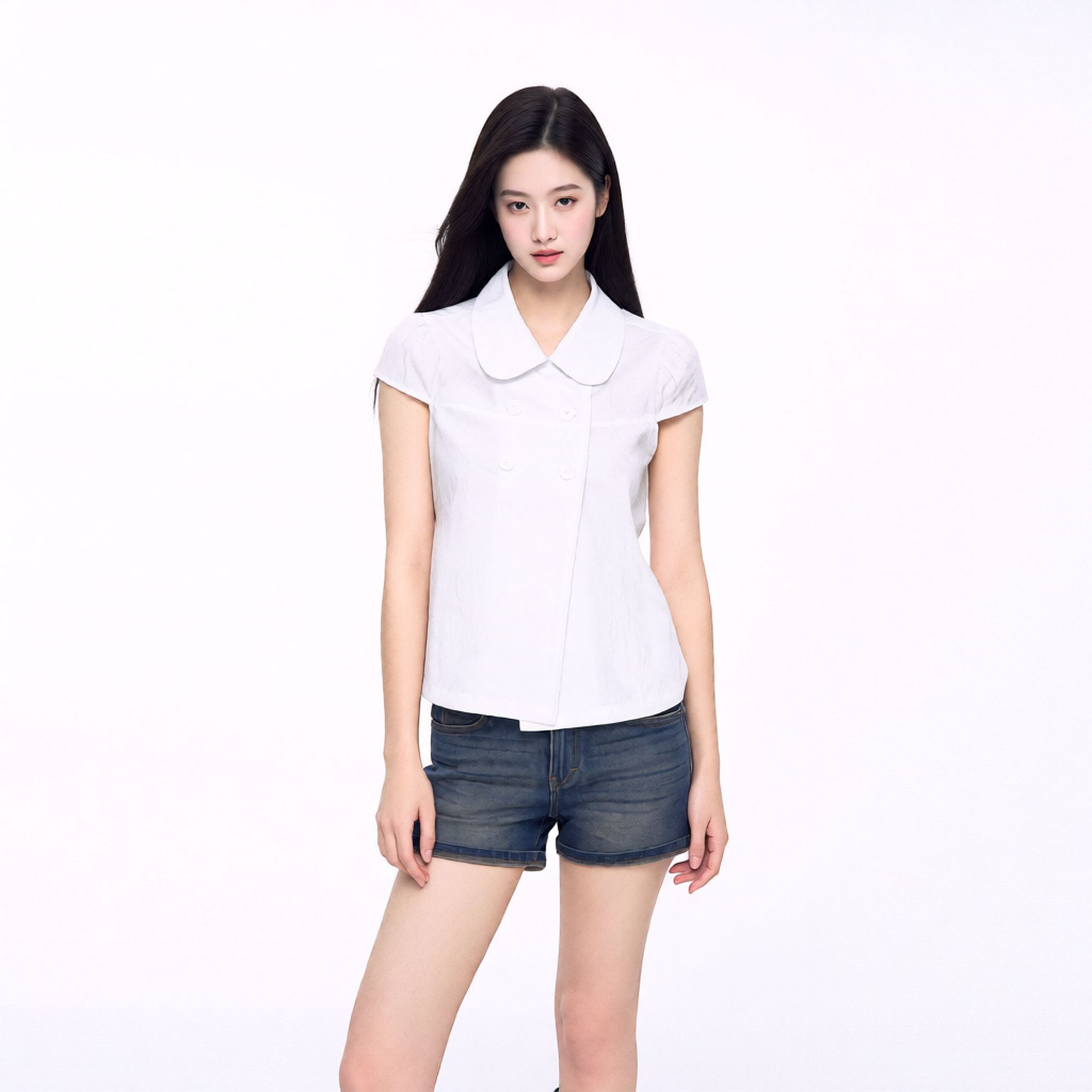 Summer retro double-breasted shell button blouse with Peter Pan collar, fitted waist, and stylish short sleeves
