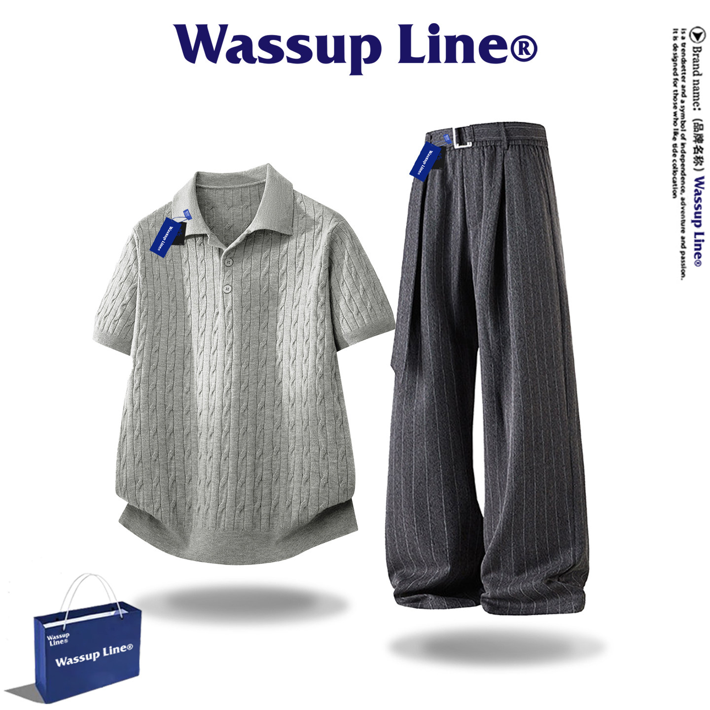 Бренд WASSUP Line tide, повседневный модный костюм, мужская летняя трикотажная футболка с отворотом, брюки, костюм-двойка в стиле old money