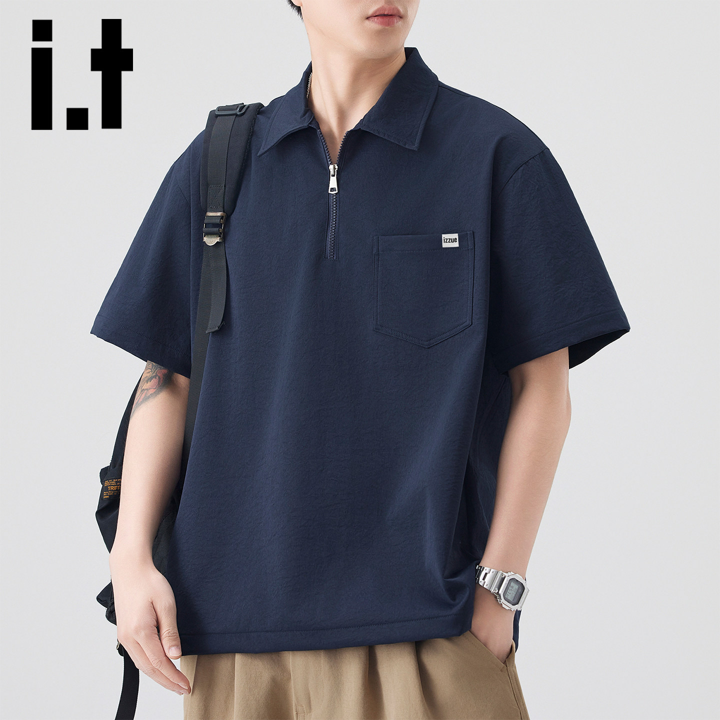 IT IZZUE Trendy Half Zipper Short Sleeve Polo Shirt for Men in Summer, Thin, Loose, Casual, Collar, Simple T-shirt for Men, Y