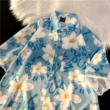 Hawaiian trendy, ruffled, and handsome short sleeved floral shirt with a drooping feel