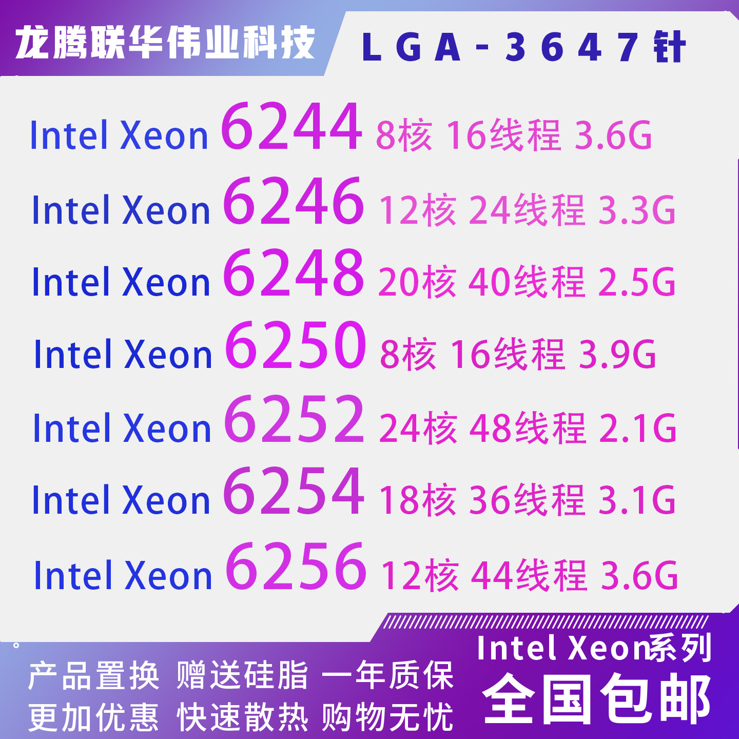 Intel Xeon 6244 6246 6248 6250 6252 6254 6256 3647- контактный процессор