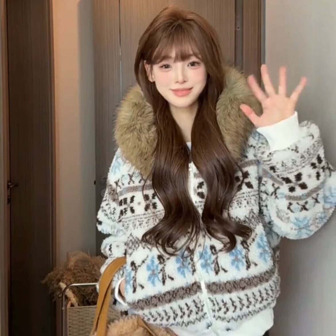 Женская короткая куртка с хлопковой подкладкой в стиле американского ретро Fair Isle, новинка 2026 года, плюс бархатная толстая куртка с хлопковой подкладкой, корейская версия свободной зимней куртки