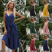 Four sizes 2022 polka dot slip dress mid length lace up pleated dress