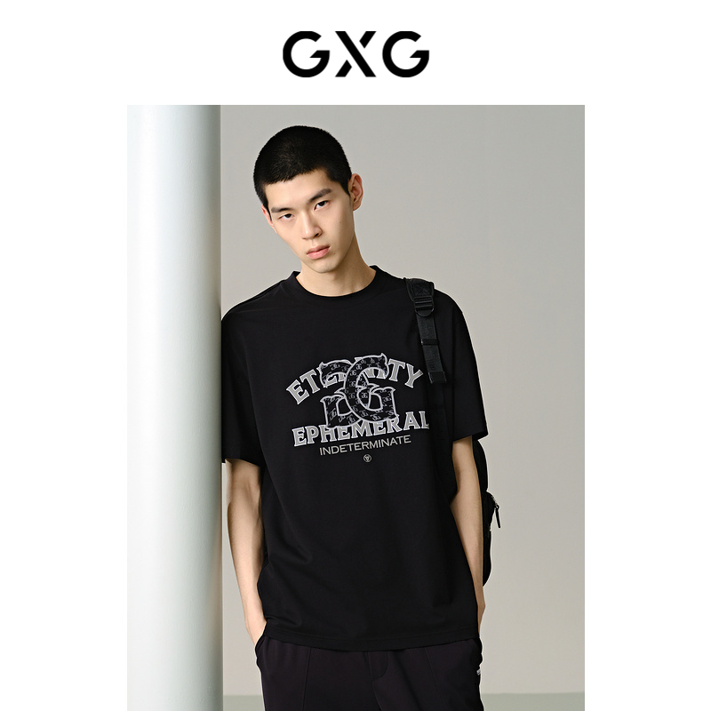 GXG mens clothing black casual loose commuter short-sleeved T-shirt in the mall 24 summer new product G24X442057