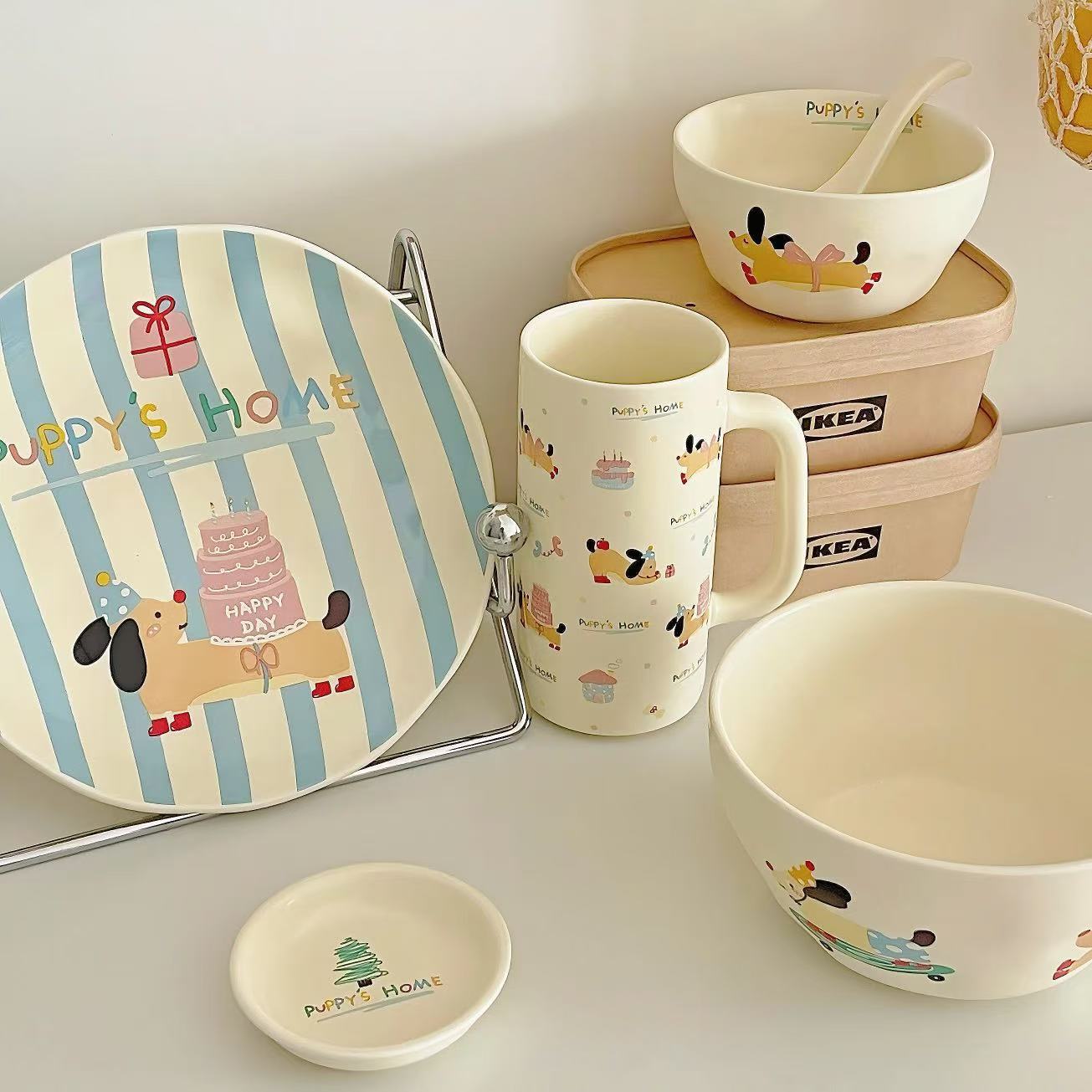 Посуда и набор столовых приборов серии Skateboard puppy подарок на день рождения домашняя еда на одного человека милый набор посуды подарочная коробка