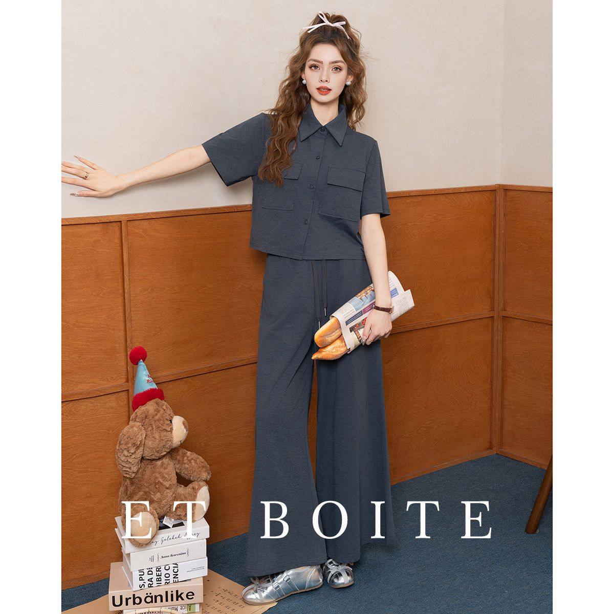 ETBOITE Stylish Casual Workwear Style Collared Shirt Set for Women, Autumn, Comfortable High-Waisted Wide-Leg Pants, Fashionable and Quick