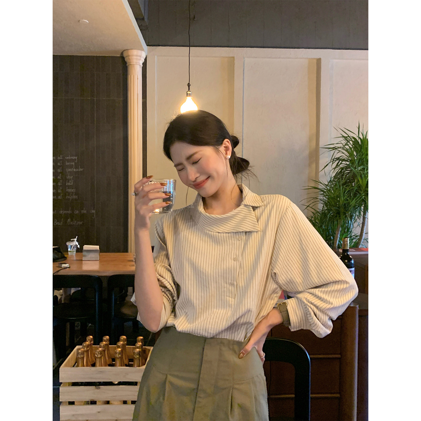 WENRAN apricot long-sleeved shirt with an asymmetrical collar and irregular vertical stripes, suitable for layering or wearing alone.